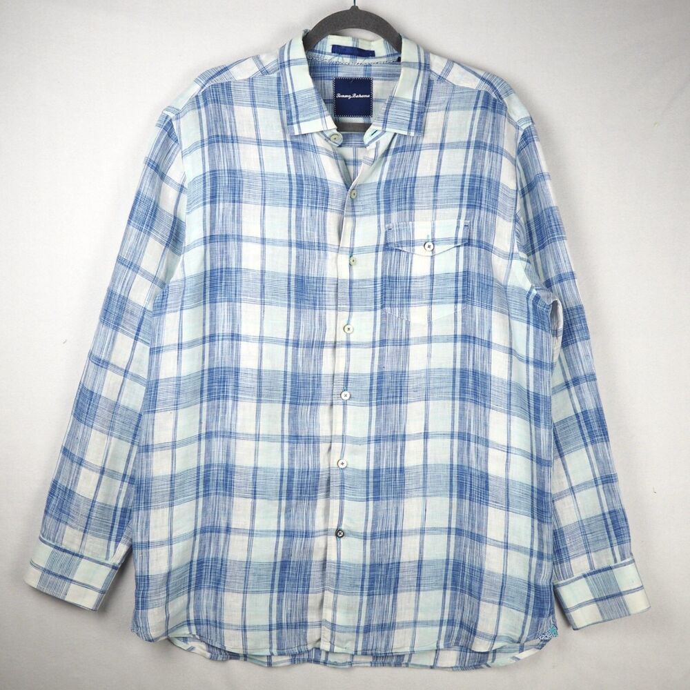 Tommy Bahama Long Sleeve Plaid Linen Button Up Shirt Mens Large Blue Madras READ